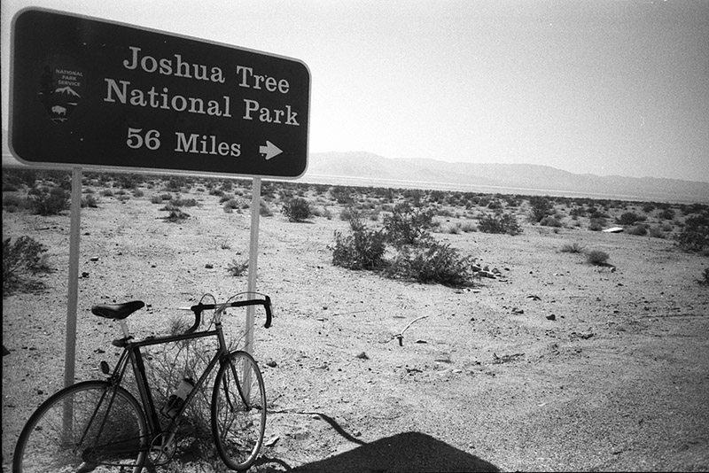 1980 Motobecane next to Joshua Tree sign along side Route 66